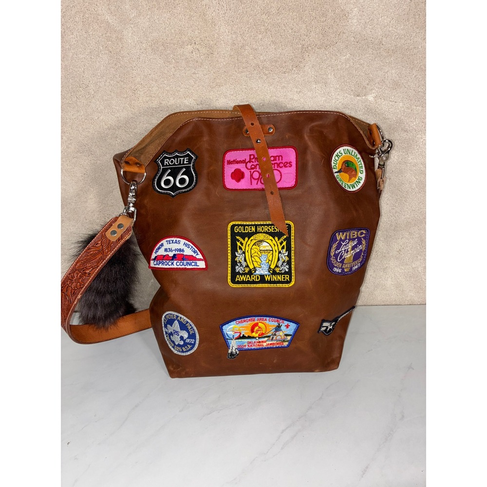 Cassapora Brown Leather Patch Bucket Bag - Handmade Tooled Strap Western Boho
